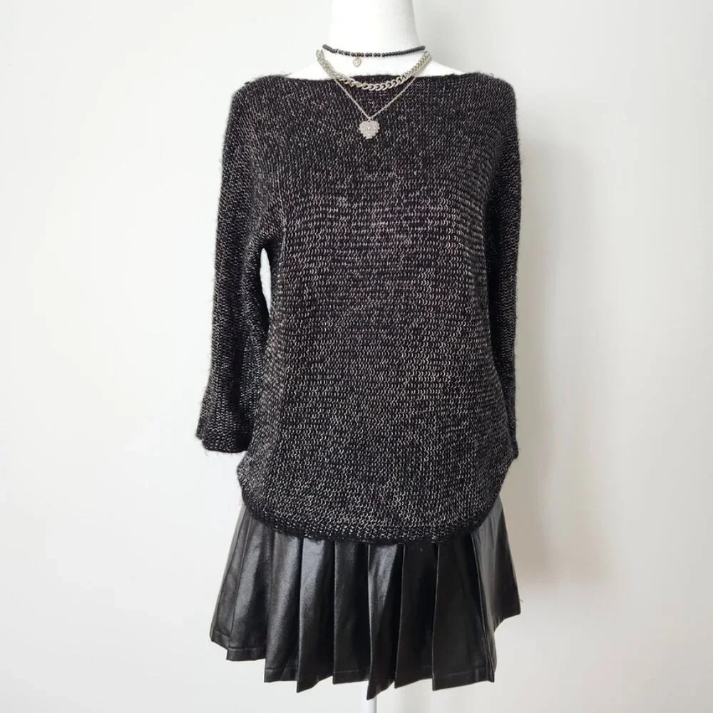 Y2K‎ Grunge Black Metallic Knit Sweater Small Whimsigoth Witchy Dark Fairy Gold
